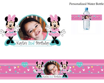 May include: Pink and blue personalized water bottle label with a photo of a child and Minnie Mouse. The label says "Kayla's 2nd Birthday" and has a date of 2/18/18.