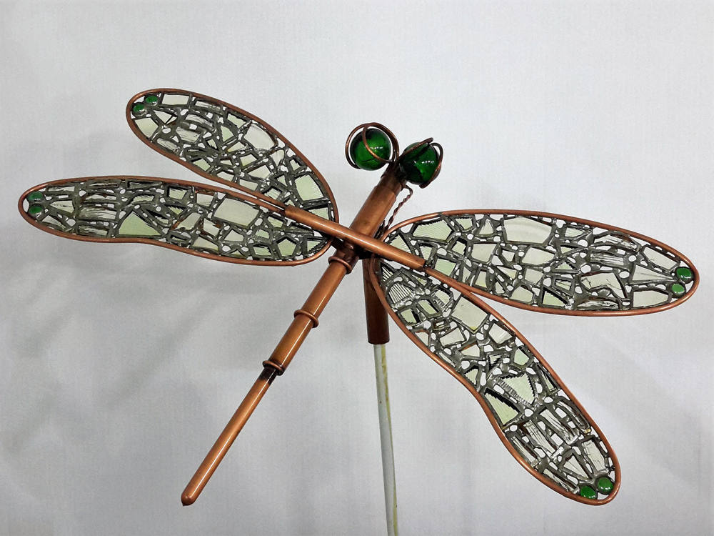Large Dragonfly Garden Art Sculpture, Copper and Stained Glass, Insect