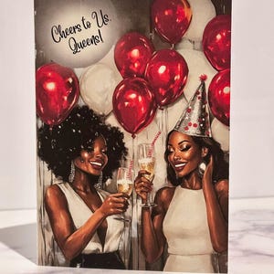 Proost op ons, koninginnen! Galentine's Day-wenskaart - Empowering Friendship Card - Vier sterke vrouwen - Unieke Galentine-valentijnskaart