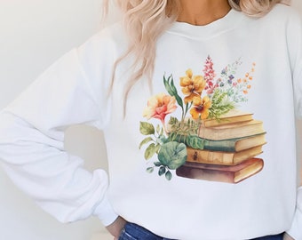 Botanical book lover sweatshirt, librarian graphic shirt, writer gift, wildflower books, Cottagecore, gift for bookworm mom, reader gifts