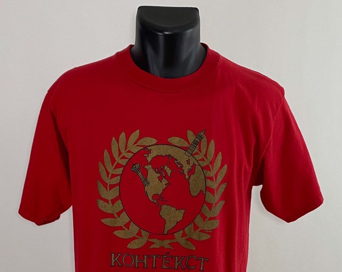 Vintage 1990’s // Gold World Kohtekct Crew T-Shirt // Large // Jerzees // Red // Seattle // Russia // Spaceneedle // Globe // Tech