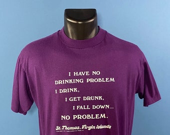 Vintage 1970's // No Drinking Problems St Thomas T-Shirt // Large // Caribbean Sportswear // Made in USA // Single Stitch // Purple // White