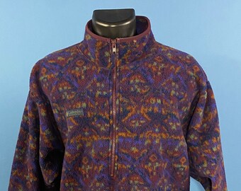 Vintage 1990's // AOP Pattern Fleece // Medium // Columbia // Made in USA // Purple // Green // Burgundy // Pull Over