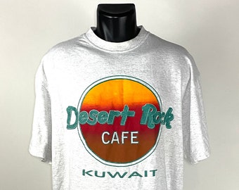 Vintage 1990's // Desert Rock Cafe Kuwait Grey Single Stitch T-Shirt // XL // Soffes Choice // Made in USA // Glitter // Desert Storm //