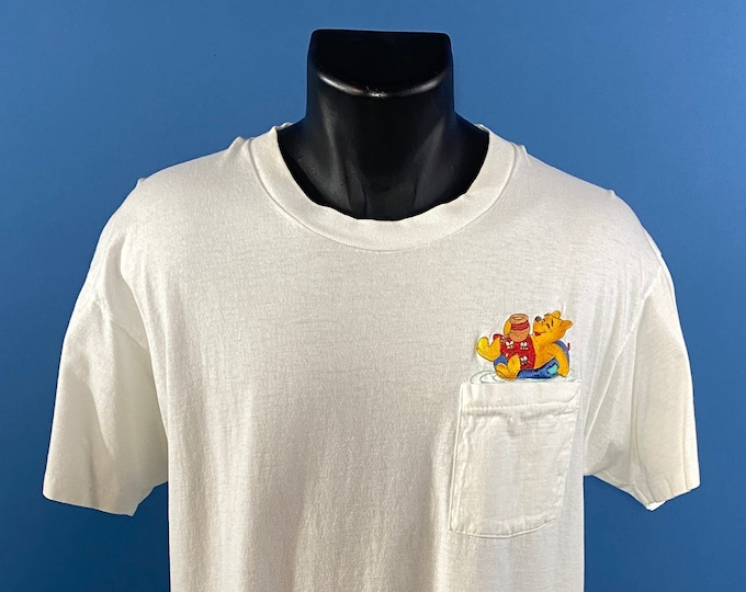 Vintage 1990's // Winnie the Pooh Tubing Pocket T-Shirt // Medium // The Disney Store // Single Stitch // White // Embroidered //