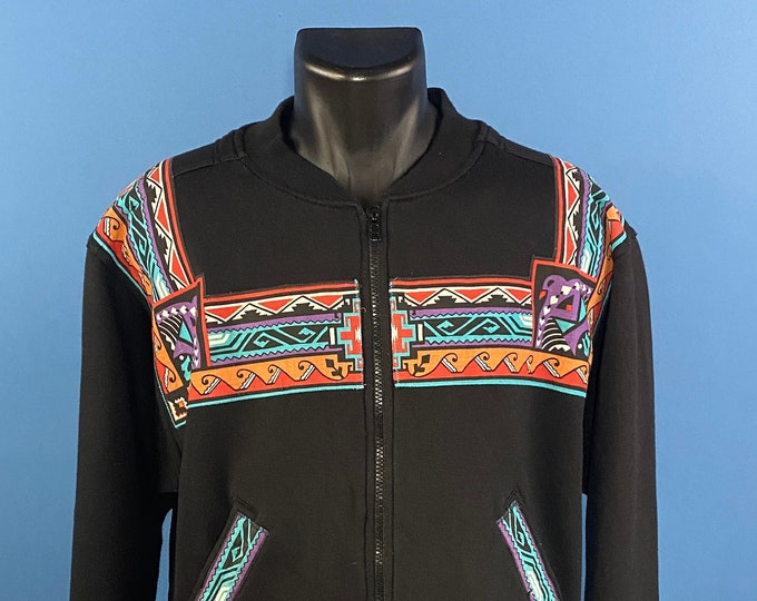 Vintage 1990's // Handmade Southwest Zip Up Bomber Sweatshirt // Small // Cheetah by Mervyn's // Black // Custom // Bandanna