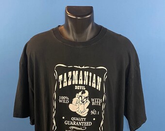 Vintage 2000's // Tasmanian Devil x Jack Daniels T-Shirt // 2XL // Looney Tunes // Black // White // Velvet // Taz // Wild Spirit //