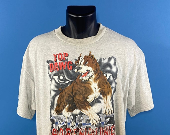 Vintage 1990's // Top Dawg Pure Adrenaline T-Shirt // Large // PItbull // Grey // Heather // Dog //
