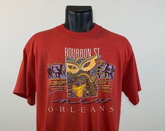 Vintage 1980's // New Orleans Bourbon St T-Shirt // Medium // Single Stitch // Made in USA // Orange // Jazz // Music //  Mardi Gras