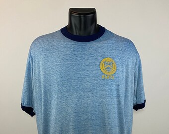 Vintage 1980's // Federal Law Enforcement Training Center Ringer Tee // Large // Heather Blue // Navy // Yellow // FLETC // Feds