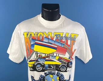 Vintage 1980's // Knoxville Raceway Sprintcar Capital of the World T-Shirt // Medium // Hanes // Made in USA // Single Stitch // White