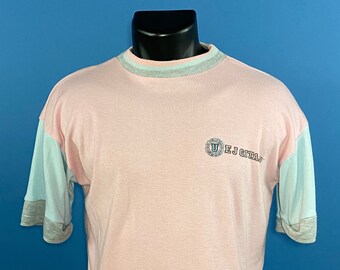 Vintage 1980's // EJ Gitano T-Shirt  // Large 14 // Pink // Grey // Blue // Single Stitch // University // Designer //