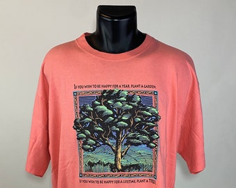 Vintage 1990's // "Plant a Garden...Tree" T-Shirt // Large // Harborside Graphics // Single Stitch // Made in USA // Happy // Pink // Earth