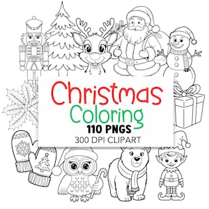 110 Schwarzweiß-Weihnachtsmalbuch-Clipart-Set, festliche Feiertagsdesigns für DIY-Projekte, kommerzielle Nutzung PNG's