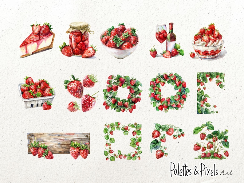 Strawberry Watercolor Clipart Bundle, Summer Strawberries, Frames and