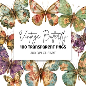 Vintage Butterfly Clipart Bundle, Digital Download Commerical Use art, PNG Clip art Pack Nature Butterflies Floral Art