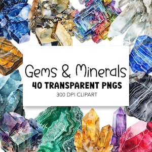 Gem and Minerals Watercolor Clipart Pack, Commerical Use PNG Digital Download art, Natural Crystal and Mineral Art Bundle
