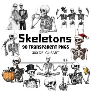 Pacote de clipart digital engraçado e assustador de esqueleto, uso comercial em PNG, diversão de Halloween