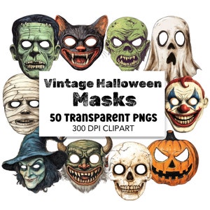 Paquete de imágenes prediseñadas de máscaras de Halloween vintage, PNG transparente digital, uso comercial