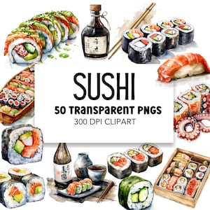 Sushi Watercolor Clipart, Commerical Use PNGs Food Planner Art