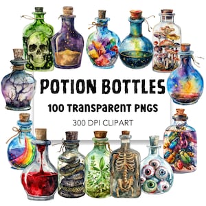 Puede incluir: Una colección de 100 botellas de poción de acuarela con varios diseños, incluyendo cráneos, cristales, hongos, serpientes y ojos. Las botellas son transparentes y tienen tapones de corcho. La imagen incluye el texto "POTION BOTTLES 100 TRANSPARENT PNGS 300 DPI CLIPART".