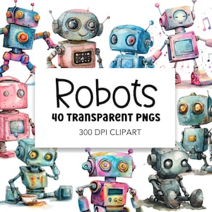 Robot Clipart Bundle, Digital Download Commerical Use art, PNG Clip art Pack Cute Robots