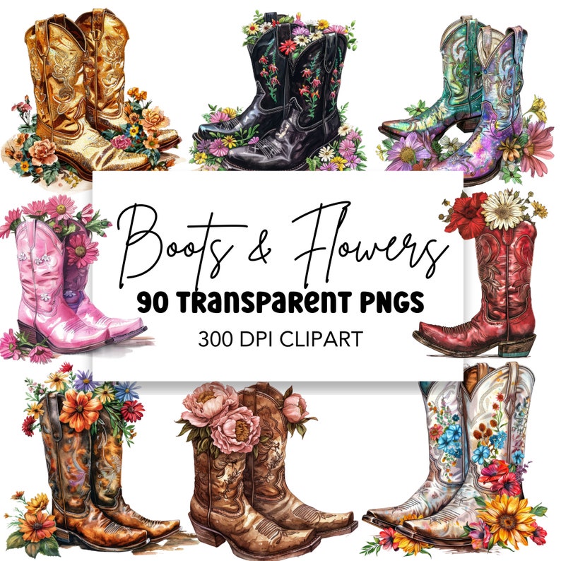 Cowboy Boots and Flowers Clipart Bundle, Digital Download Commerical
