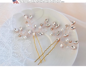 Rhinestone and pearl bridal hair pins, Wedding headpiece rose gold headpiece, Bridal silver pearl hairpiece, Bun hair pins