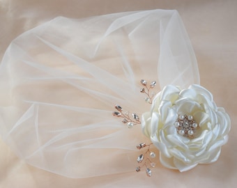 Bridal Birdcage Veil, Wedding  flower headpiece, Champagne blusher vei, Flower hair clip, Bridal hair flower, Bridal headdress, Tulle veil