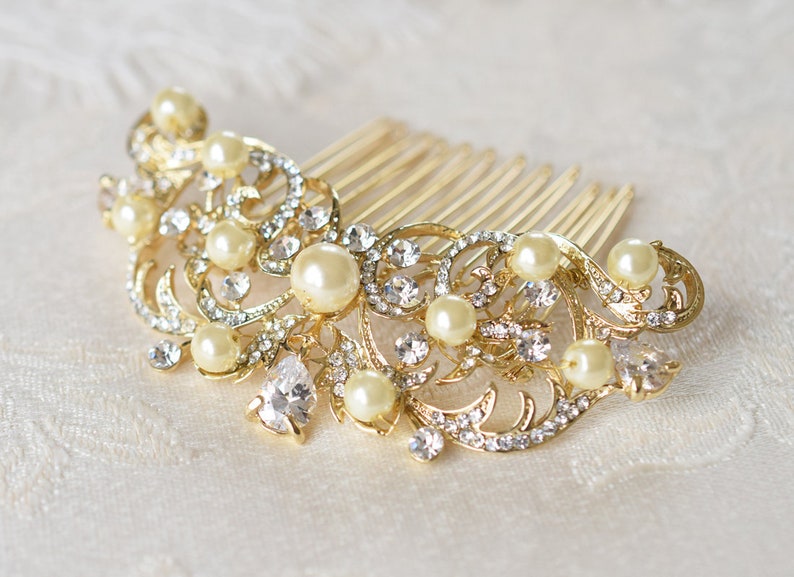 Pearl and rhinestone bridal hair comb Wedding gold headpiece Silver bridal hairpiece