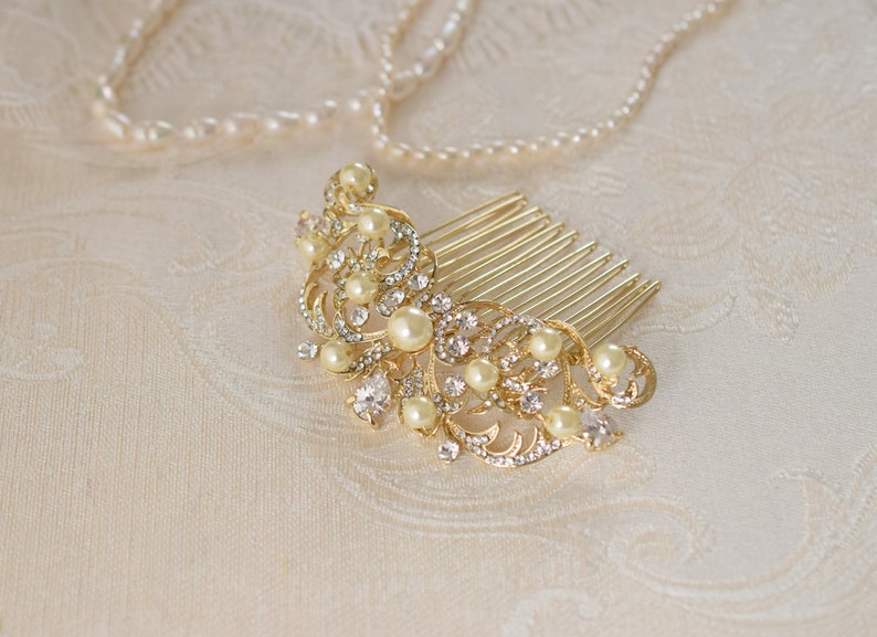 Pearl and rhinestone bridal hair comb Wedding gold headpiece Silver bridal hairpiece