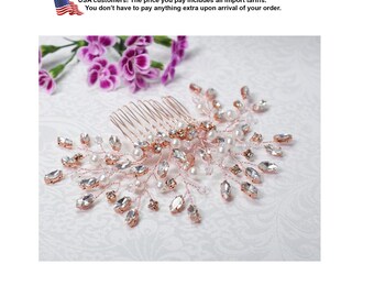 Rhinestone and Pearl Wedding Headpiece, in silver, gold or rose gold , Bridal hair comb