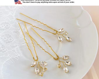 Bridal gold rhinestone hair pins, Wedding silver crystal hair piece,  Rose gold bridal hair up do jewelry
