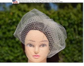Bridal birdcage veil, Champagne blusher veil, Wedding headpiece, Bridal hair piece, Wedding headdress, Tulle veil headpiece, Ivory veil
