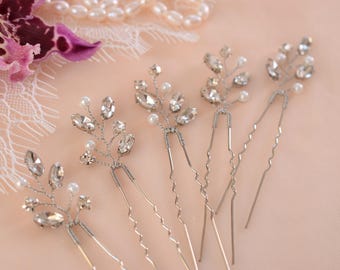 Rhinestone wedding hair pins, Rose gold bridal hair piece, Pearl gold hair pins, Crystal hair piece, Wedding headpiece