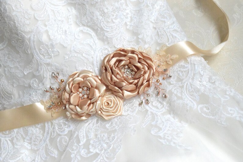 Wedding Dress Sash Bridal Sash belt Wedding Flower belt Champagne Flower Sash Bridal satin sash Lace sash belt
