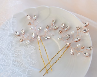Rhinestone and pearl bridal hair pins, Wedding headpiece rose gold headpiece, Bridal silver pearl hairpiece, Bun hair pins