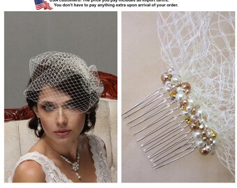 Bridal birdcage veil headpiece with pearl and rhinestone hair comb