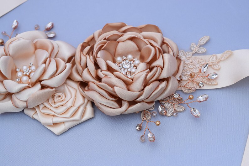 Wedding Dress Sash Bridal Sash belt Wedding Flower belt Champagne Flower Sash Bridal satin sash Lace sash belt