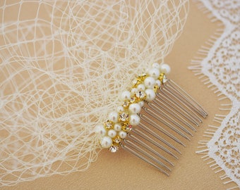 Bridal birdcage veil headpiece with pearl and rhinestone hair comb