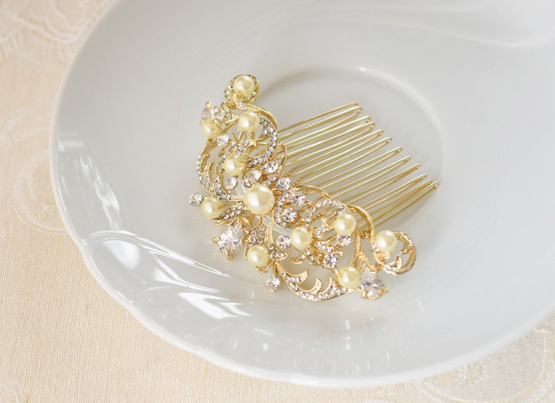 Pearl and rhinestone bridal hair comb Wedding gold headpiece Silver bridal hairpiece