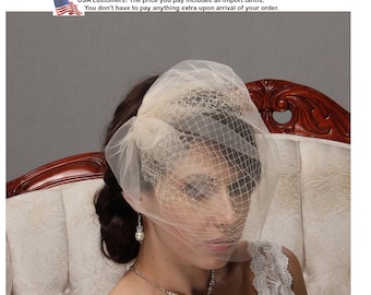 Bridal birdcage veil, Champagne blusher veil, Wedding headpiece, Bridal hair piece, Wedding headdress, Tulle veil headpiece, Ivory veil