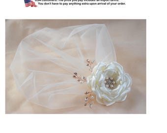 Bridal Birdcage Veil, Wedding  flower headpiece, Champagne blusher vei, Flower hair clip, Bridal hair flower, Bridal headdress, Tulle veil
