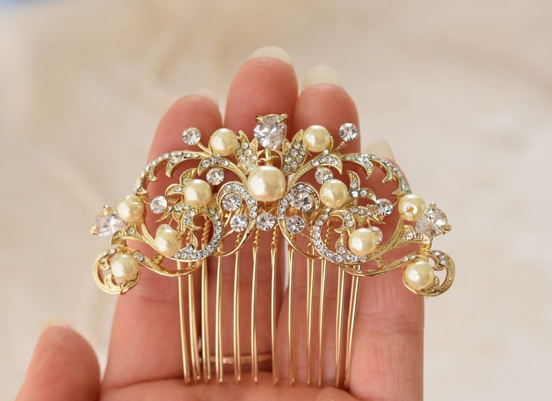 Pearl and rhinestone bridal hair comb Wedding gold headpiece Silver bridal hairpiece
