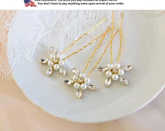 Bridal rhinestone hair pins, Wedding pearl hair piece, Rose gold flower headpiece, Bridal hair jewelry, Hair bun pins, Flower hair clip
