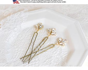 Bridal rhinestone hair pins, Rose gold hair bun pins
