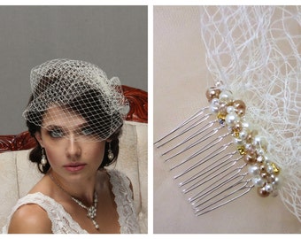 Bridal birdcage veil headpiece with pearl and rhinestone hair comb