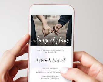 Electronic Wedding Postpone Announcement Template Change of Plans / Save the New Date with Photo. 100% Editable, Instant Download, Templett.