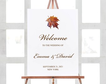 Welcome Poster Template "Fall in Love". DIY Printable Watercolor Leaf Rustic Custom Wedding Signs. Editable Templett, Instant Download.