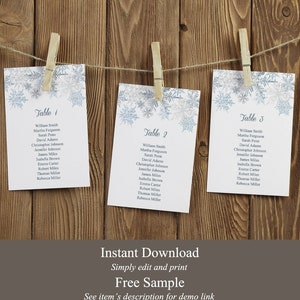 Winter Wedding Seating Chart Template Snowflakes, Silver & Blue. DIY Printable Christmas Party Table Plan. Templett, Instant Download.